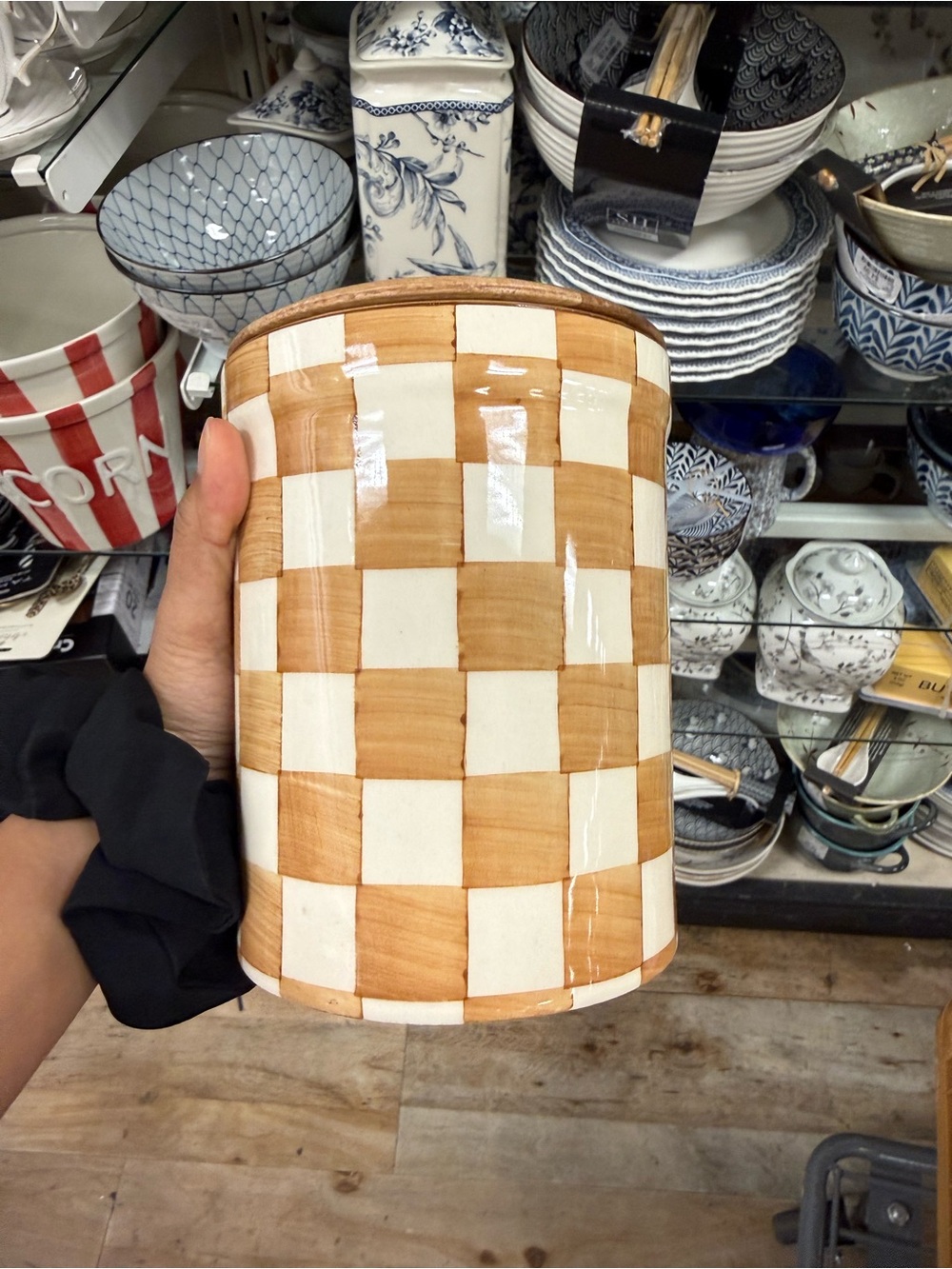 Checkerboard Ceramic Canister in Cream and Tan